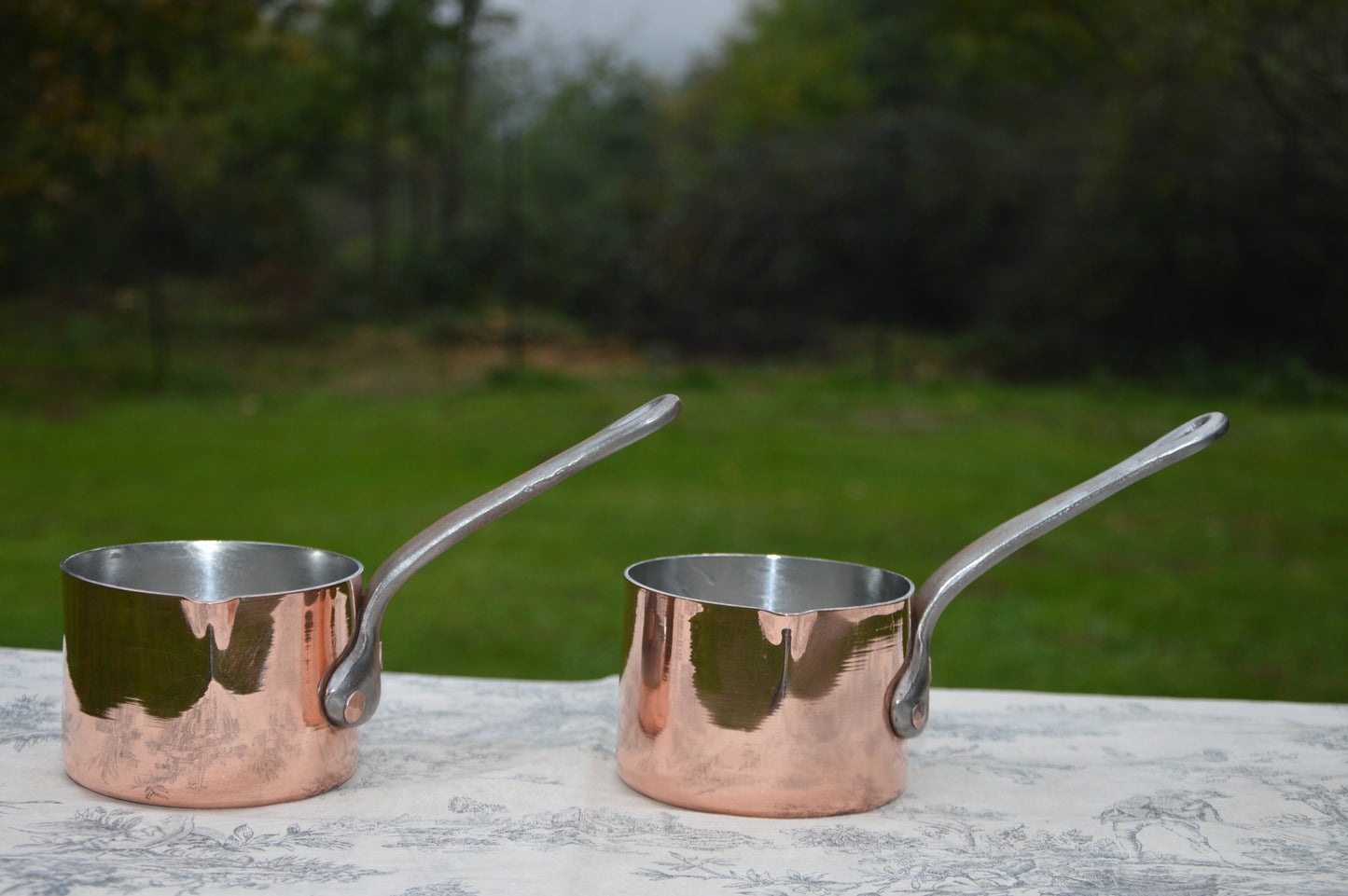 Two Antique French Copper Pans Patisserie Milk Bain Marie Sauce Professional 5" High 1.7mm Copper Refurbished New Artisan Hand Wiped Tin