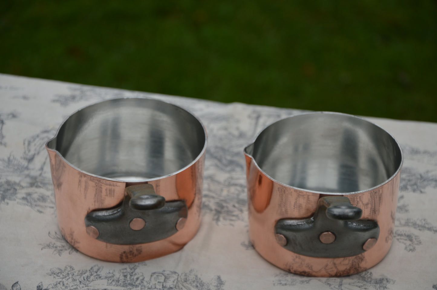 Two Antique French Copper Pans Patisserie Milk Bain Marie Sauce Professional 5" High 1.7mm Copper Refurbished New Artisan Hand Wiped Tin