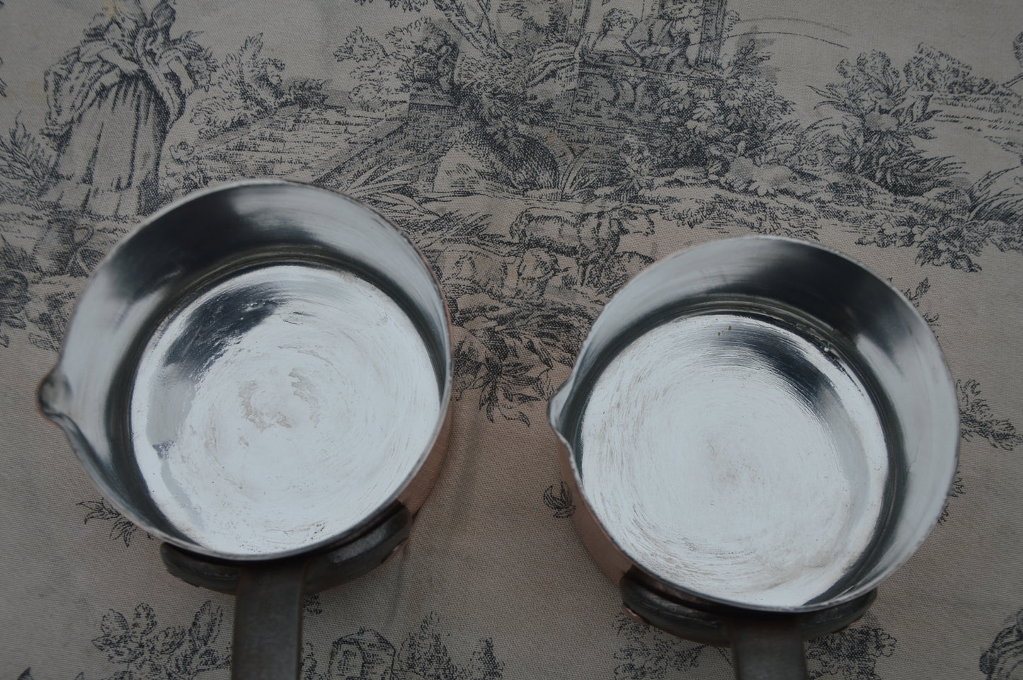 Two Antique French Copper Pans Patisserie Milk Bain Marie Sauce Professional 5" High 1.7mm Copper Refurbished New Artisan Hand Wiped Tin