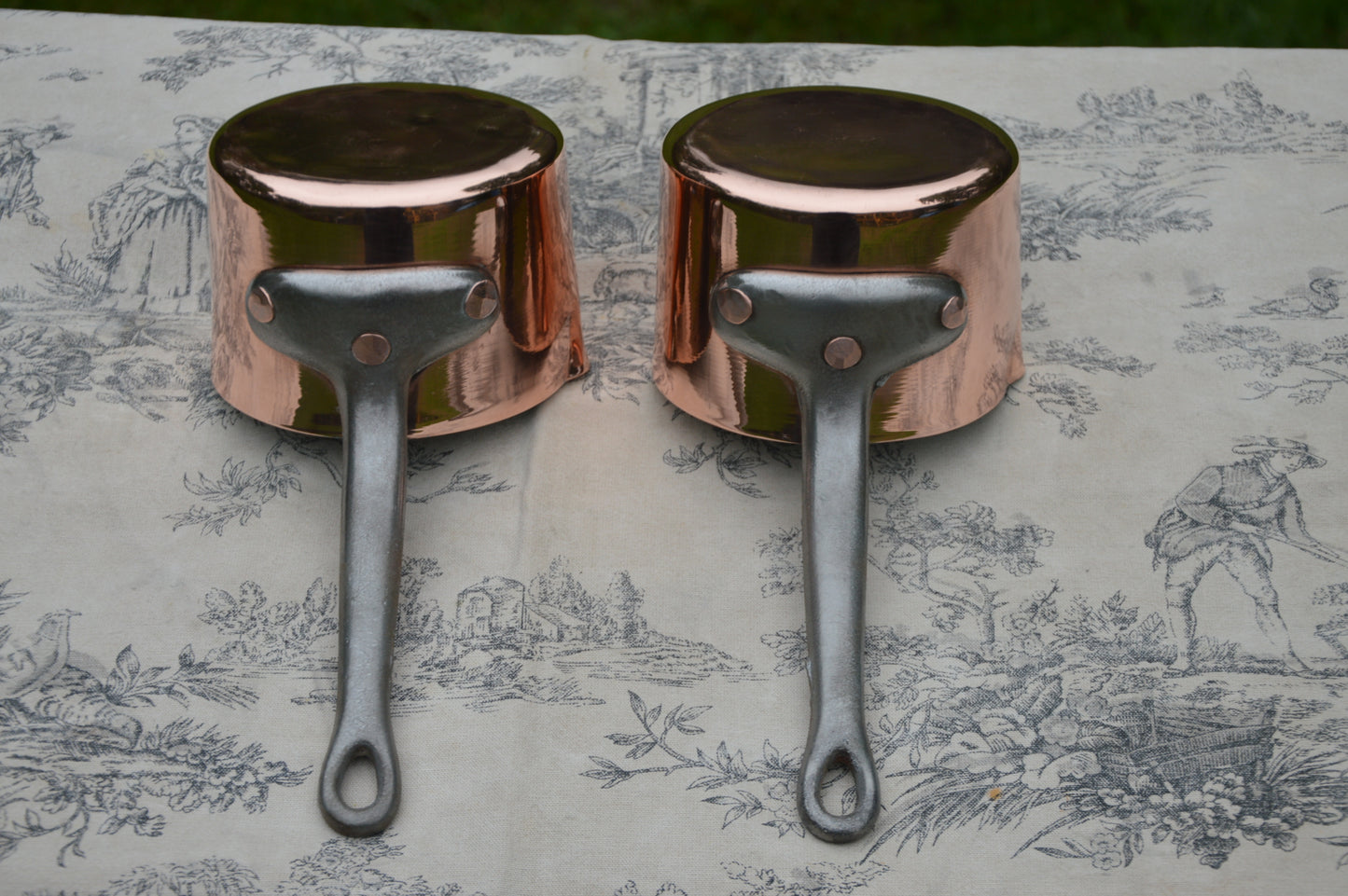 Two Antique French Copper Pans Patisserie Milk Bain Marie Sauce Professional 5" High 1.7mm Copper Refurbished New Artisan Hand Wiped Tin