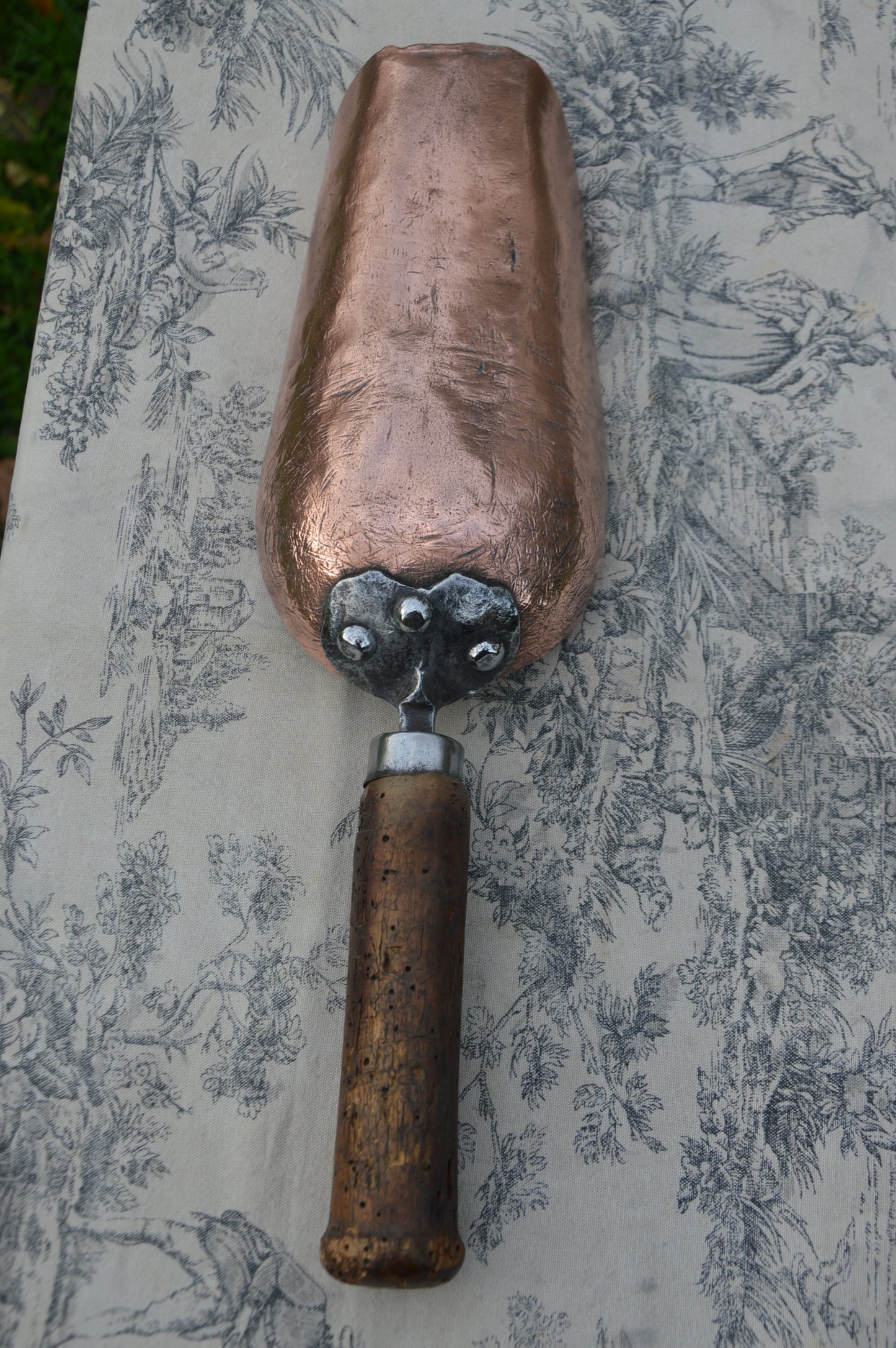 Antique Copper Scoop Pan Wooden Round Handle Traditional Manufacture