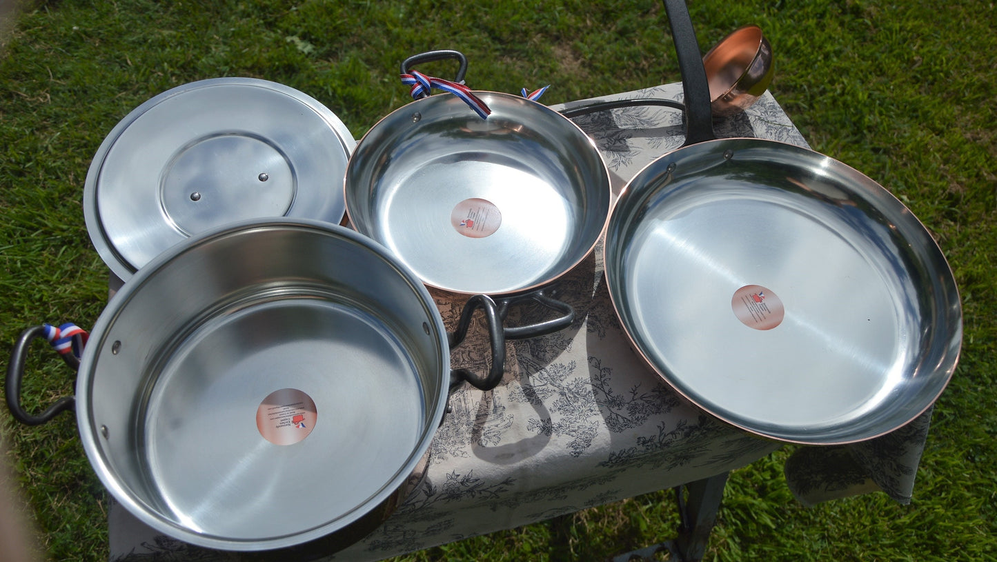 NKC Chefs Set New NKC 24 cm Copper Casserole 24cm Au Gratin Oven Pan 32cm Big Fry Pan NKC Ladle Iron Handles from Normandy Kitchen Copper