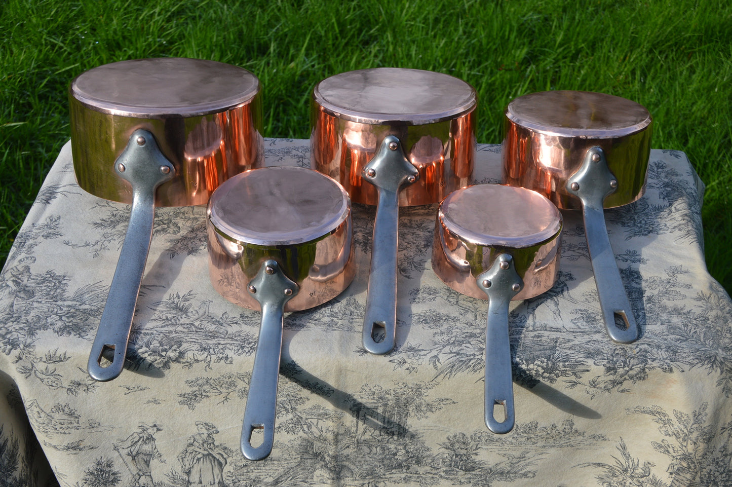 Antique French Copper Saucepan Set: Hand Raised, Tin Lined, Iron Handle