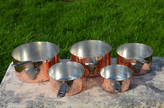Antique French Copper Saucepan Set: Hand Raised, Tin Lined, Iron Handle