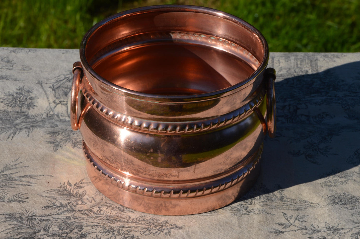 Vintage French Copper Utensil Pot: Hand Hammered Two-Ring Handle