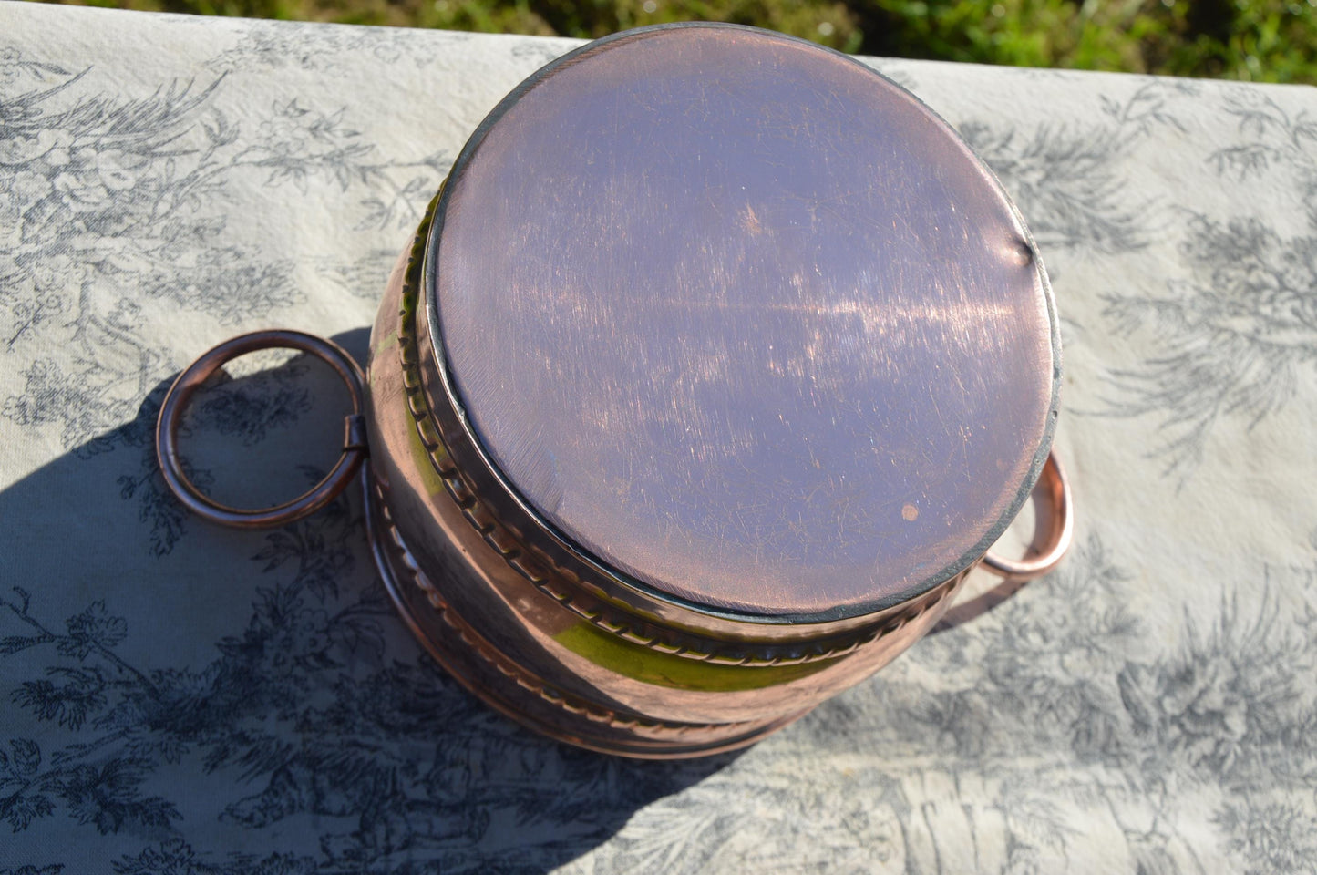 Vintage French Copper Utensil Pot: Hand Hammered Two-Ring Handle