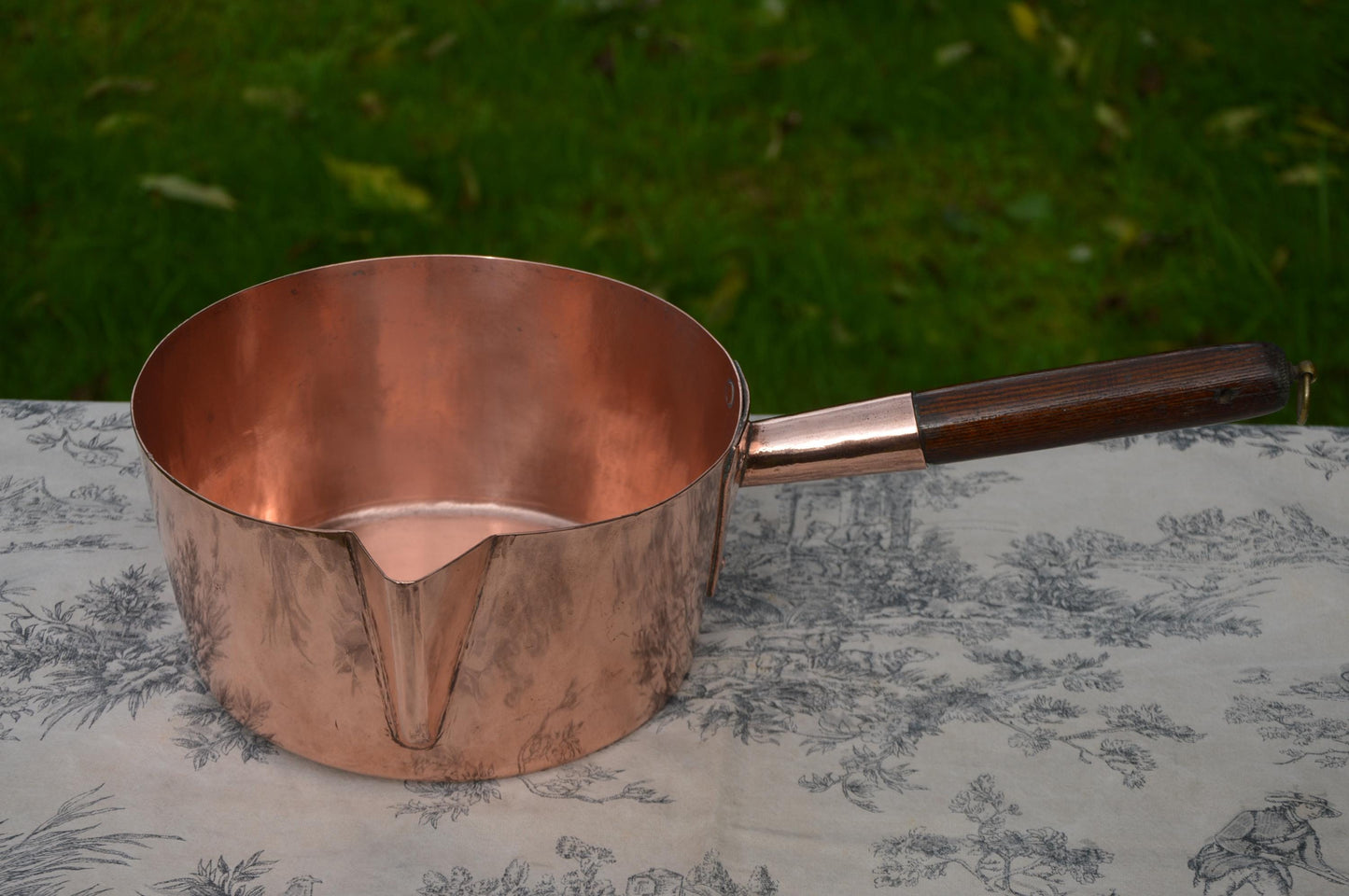 Antique Hand Hammered Copper Sugar Pan: Patissier Caramel Pan with Wooden Handle