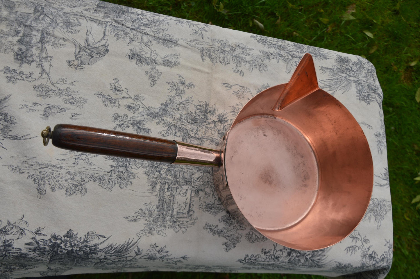 Antique Hand Hammered Copper Sugar Pan: Patissier Caramel Pan with Wooden Handle