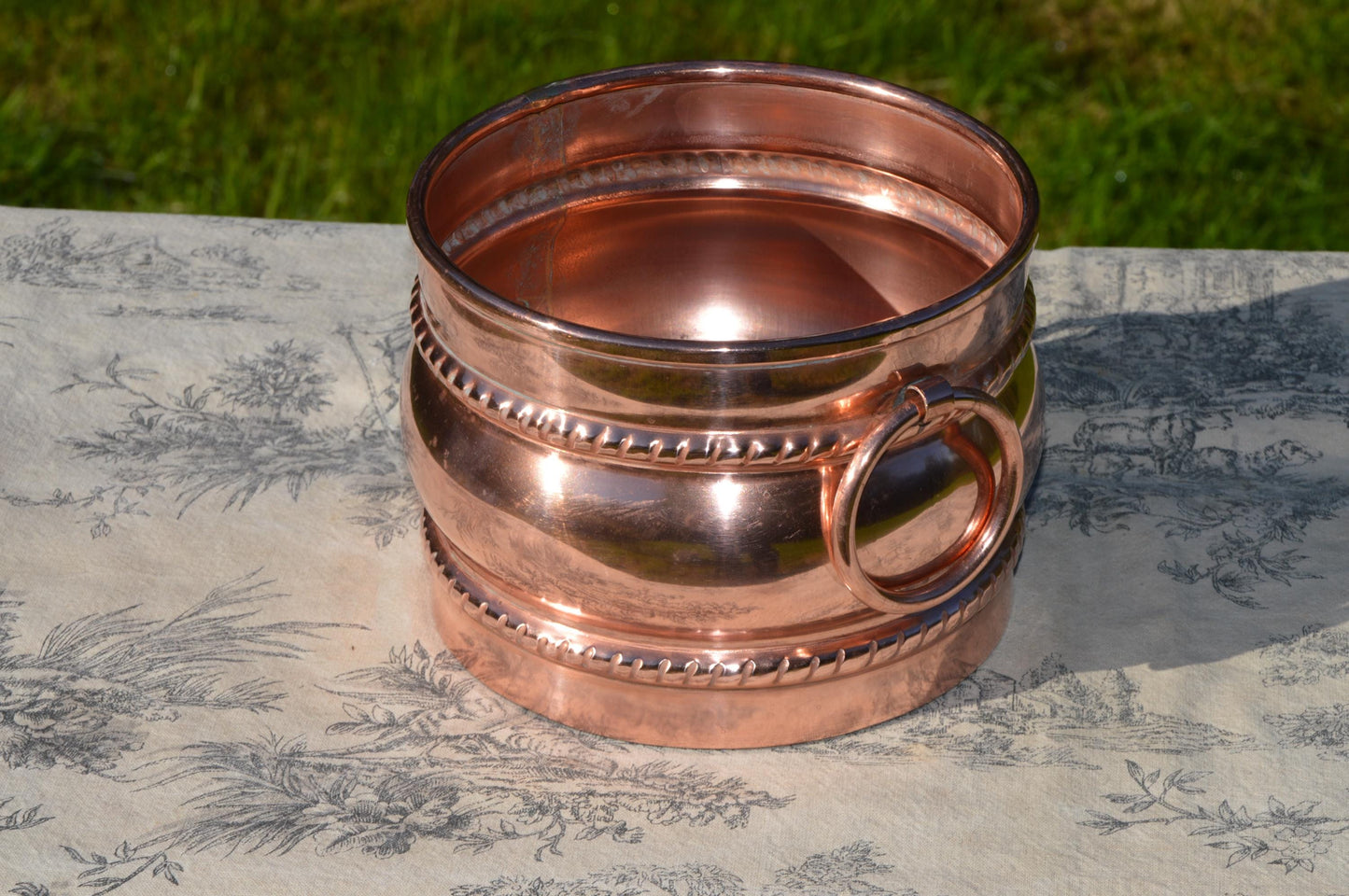 Vintage French Copper Utensil Pot: Hand Hammered Two-Ring Handle