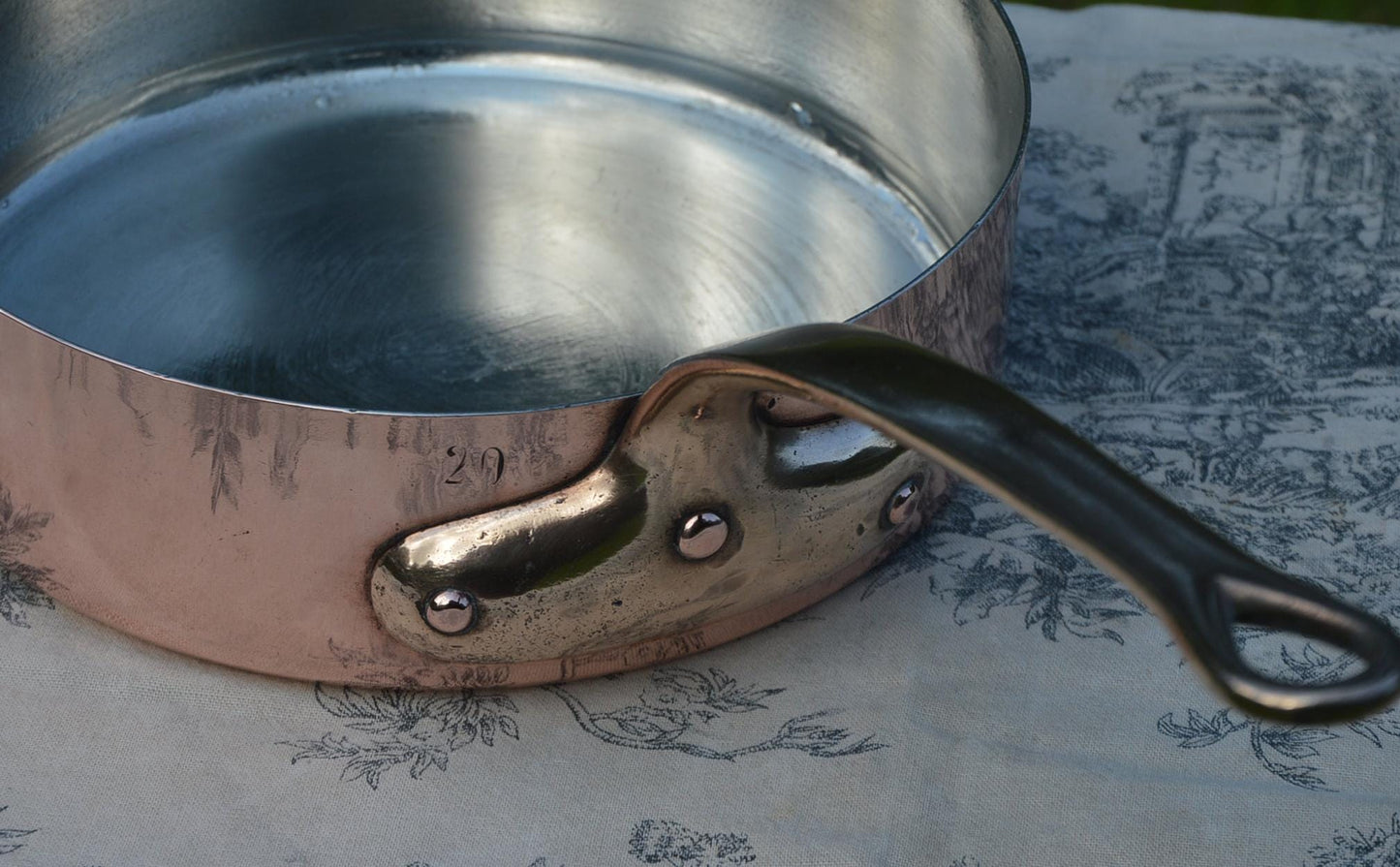 Antique Copper Saute 1.2mm Copper Saute Fry Pan New Artisan Tin Lining Thick Bronze Handle Copper Rivets 20cm 8"