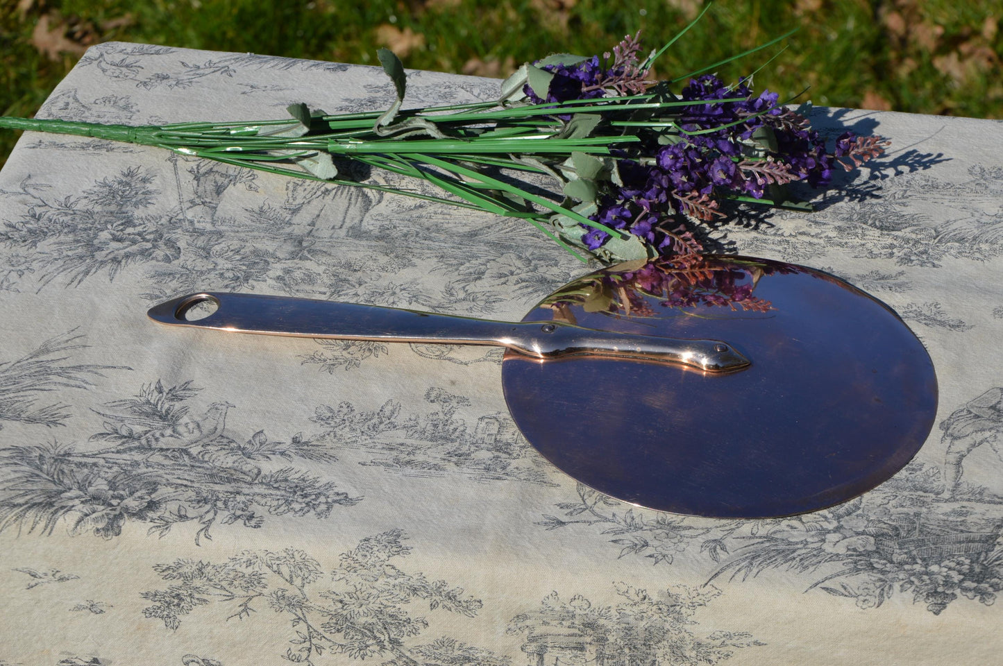 Vintage Copper Pan Lid: Lyon Bronze Handle, New Tin Lining (18.5cm)