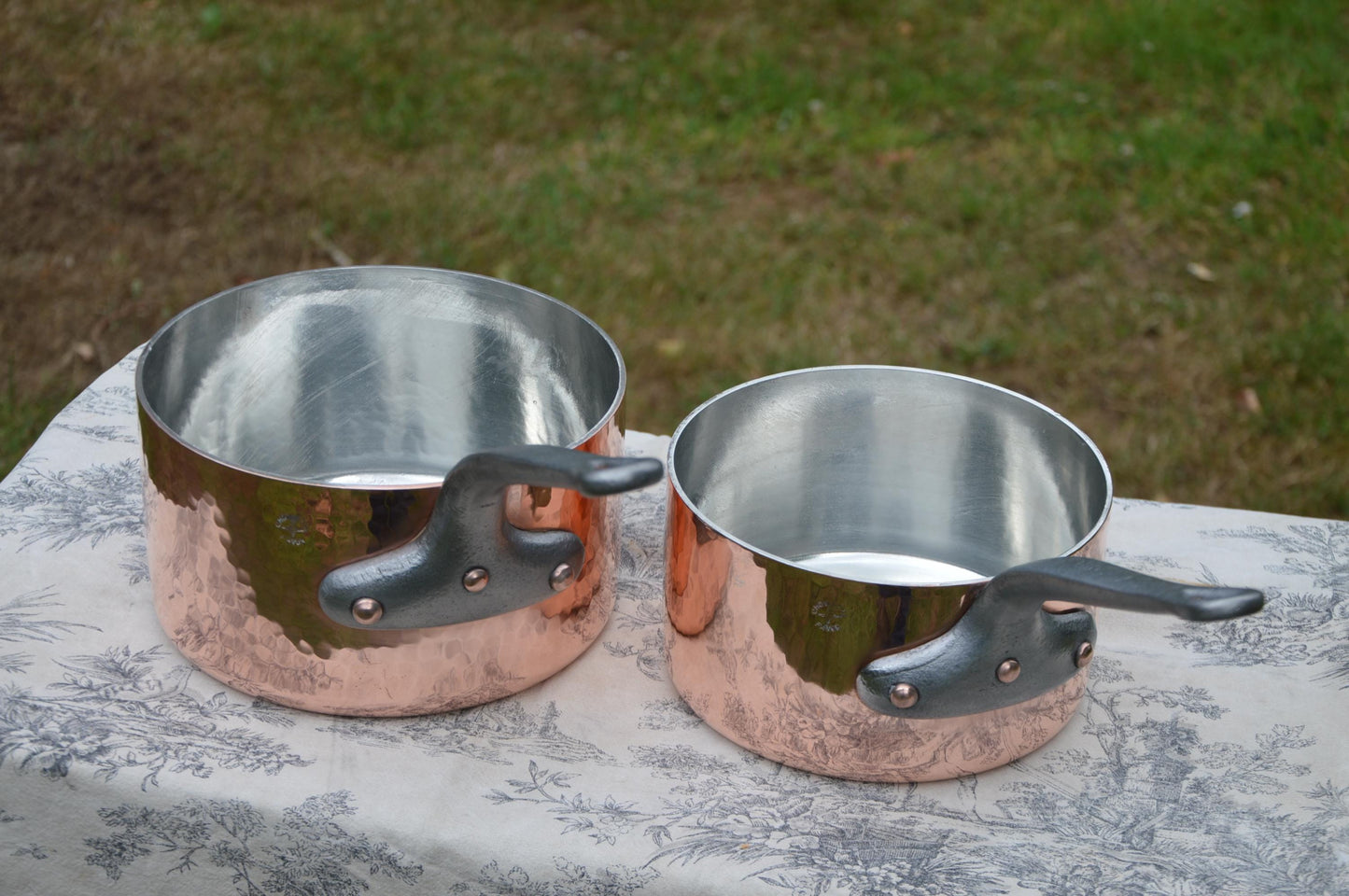 Vintage French Copper Saucepans: Chomette Favor, Tin Lined, Iron Handle, Set of 2