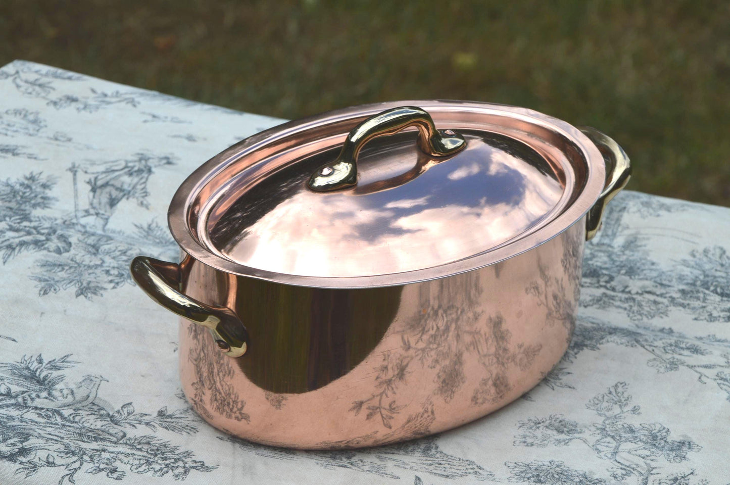 Vintage French Copper Casserole Pan Pot Dutch Oven Lid New Hand Wiped Tin Cocotte Faitout 1.8mm Oval 20cm 8" Made In France Villedieu Made