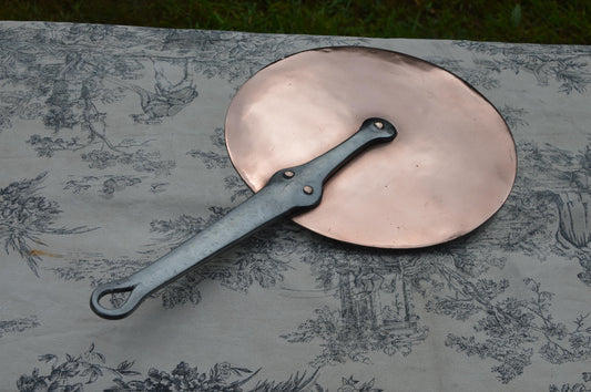 Antique French Copper Splash Lid: Hammered Copper, Forged Iron Handle, New Tin