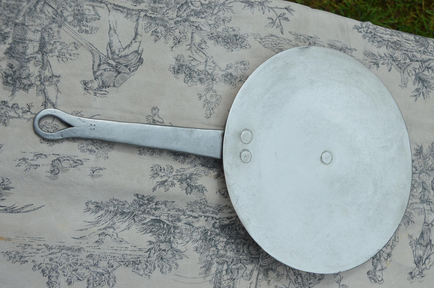 Antique French Copper Splash Lid: Hammered Copper, Forged Iron Handle, New Tin