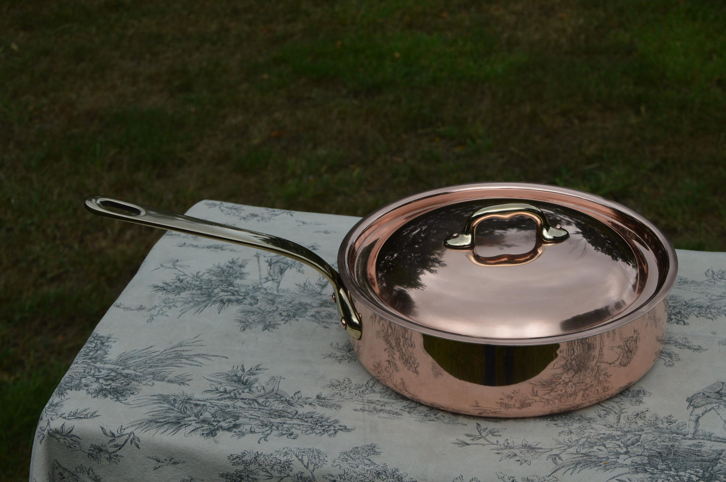 Vintage Saute Pan New Tin Villedieu 1.6mm French Copper Pan 24cm 9 1/2" Professional Saute Bronze Handles Lid Quality New Villedieu Tin