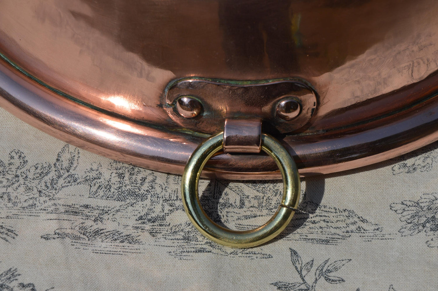 Antique Copper Bowl Cul De Poule 28cm 11" Big French Copper Full Round Mixing Bronze Ring Handle Heavy Solid Rolltop Ring Dents