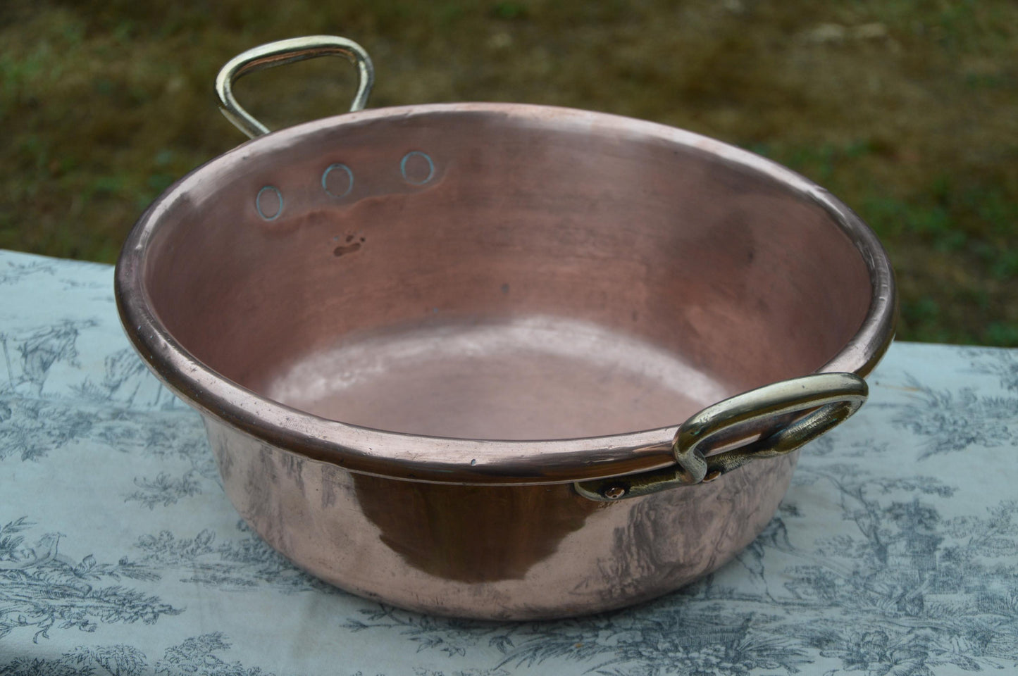Antique Copper Pan Jam Pan Preserve French Vintage Confiture Pan Cast Bronze Handles 37cm 14 1/2" 3 Kilos Timeworn Superb Hand Made Pot