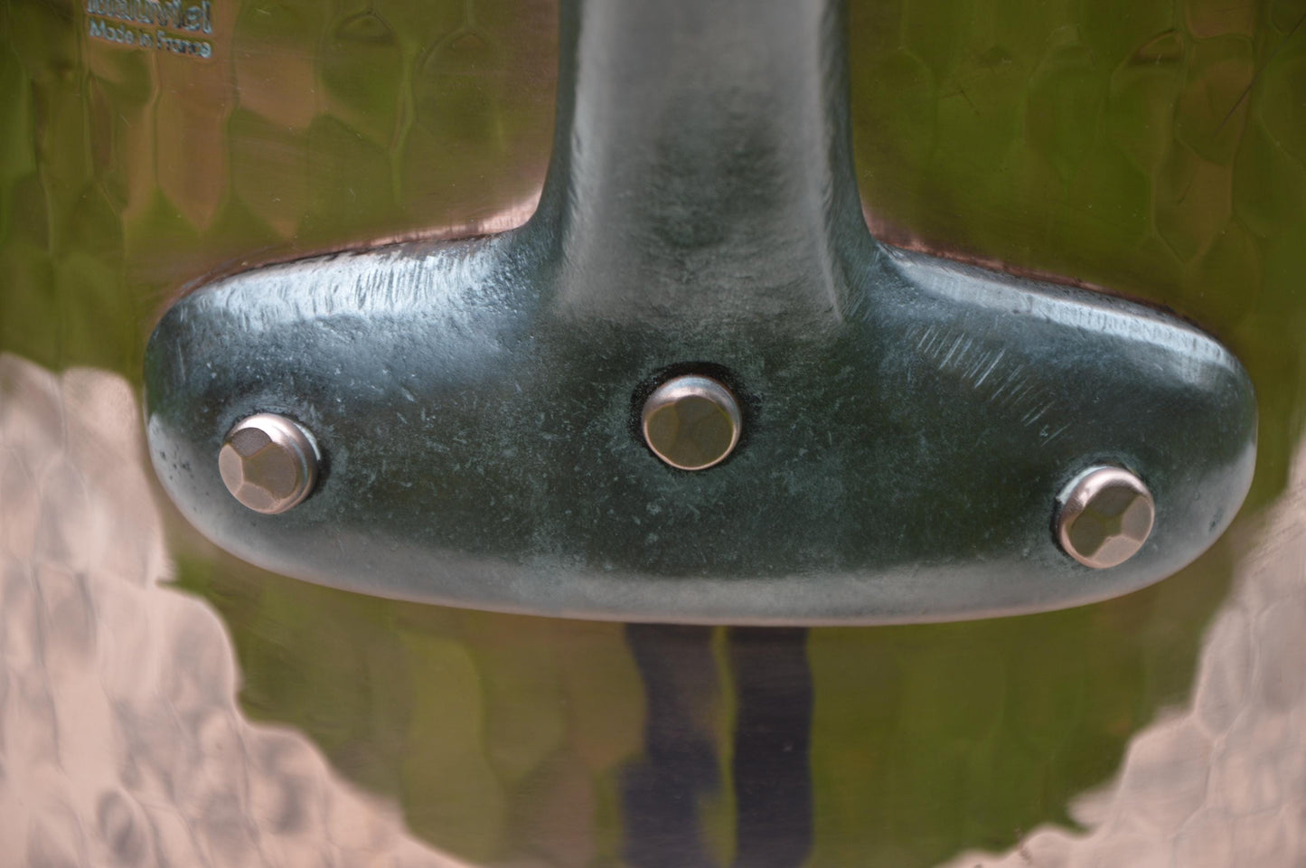 Refurbished Mauviel Copper Pot: 28cm Hammered Saucepan, Cast Iron Handle. 3mm