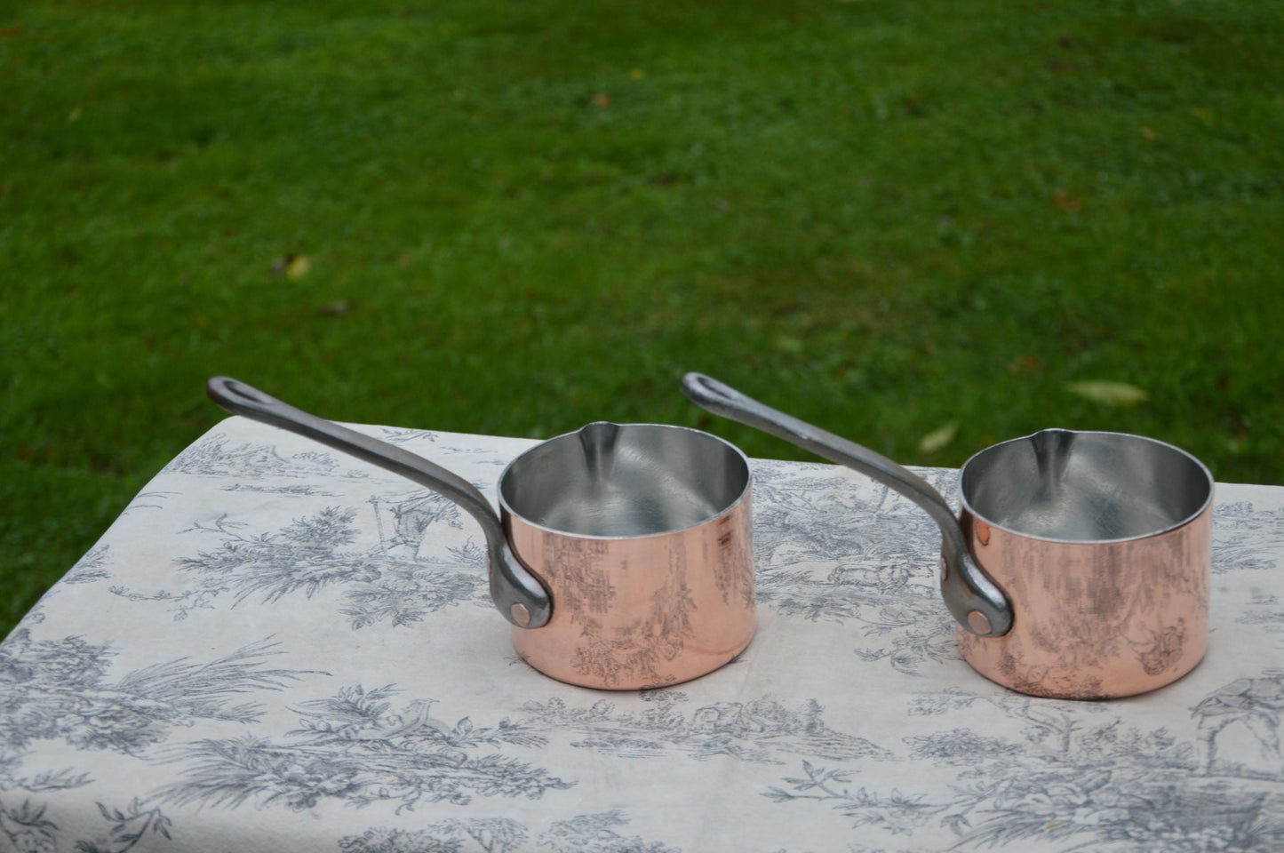 Two Antique French Copper Pans Patisserie Milk Bain Marie Sauce Professional 5" High 1.7mm Copper Refurbished New Artisan Hand Wiped Tin