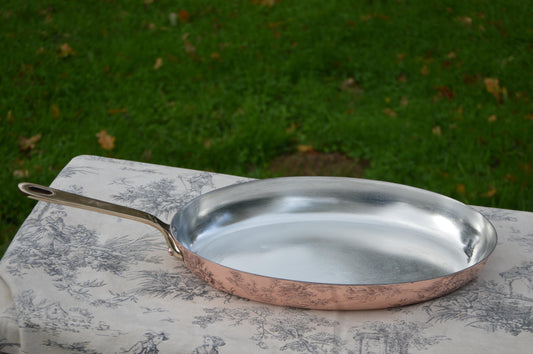 Vintage Chomette Favor 1.7mm Copper Fish Pan New Hand Wiped NKC Tin Stamped 35cm 13 3/4" French Professional Fry Saute Pan Bronze Handle