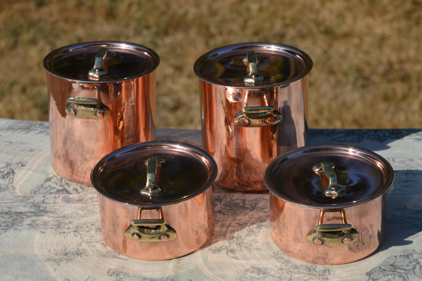 Miniature Chef's Set Small Individual's Two Casseroles and Two Faitouts Vintage French Copper Pans Cast Bronze Handles New Bill Cox Tin