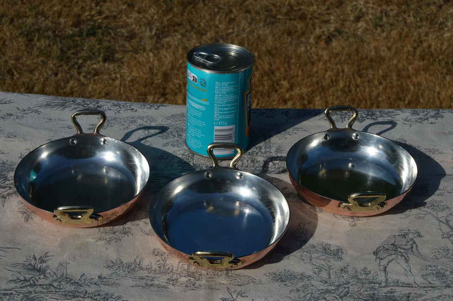 New Tin Three Gratin Pans French Copper Dishes Vintage Round 14cm 5 1/2 Inches Copper Rivets Bronze Handles Villedieu Quality