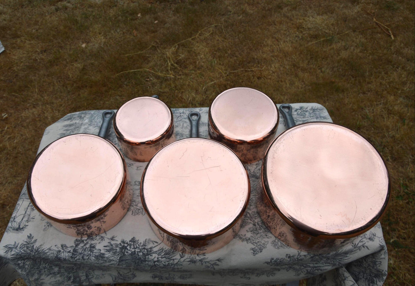 Set Copper Pans 2.8-3mm Five New In House Tin Lining Hammered Villedieu