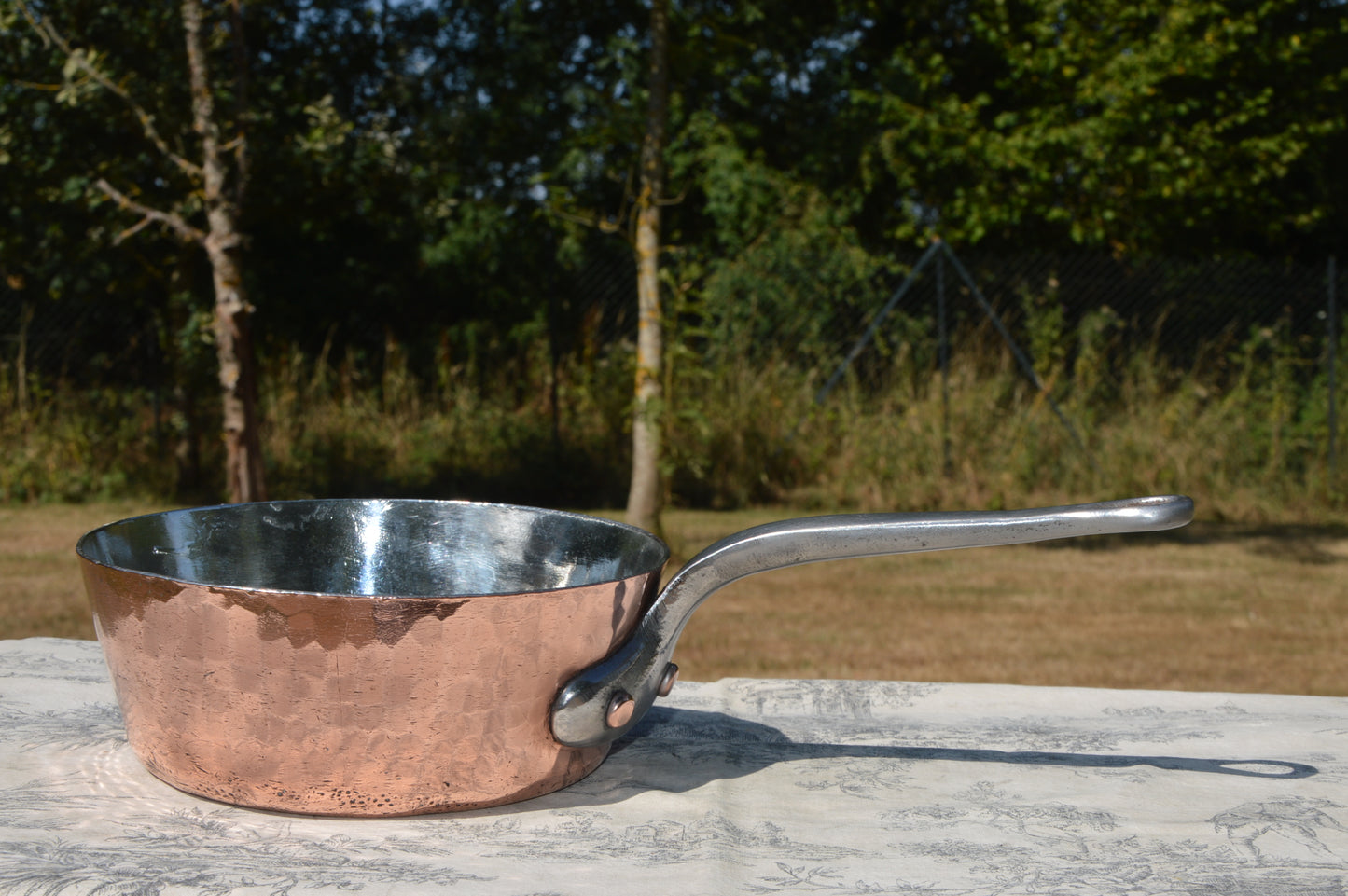 Antique French Copper 2.3mm New Tin Lined Professional Windsor Splayed Sauce Pan Sauteuse Evasee 20cm Forged Iron Handle Showing Age.