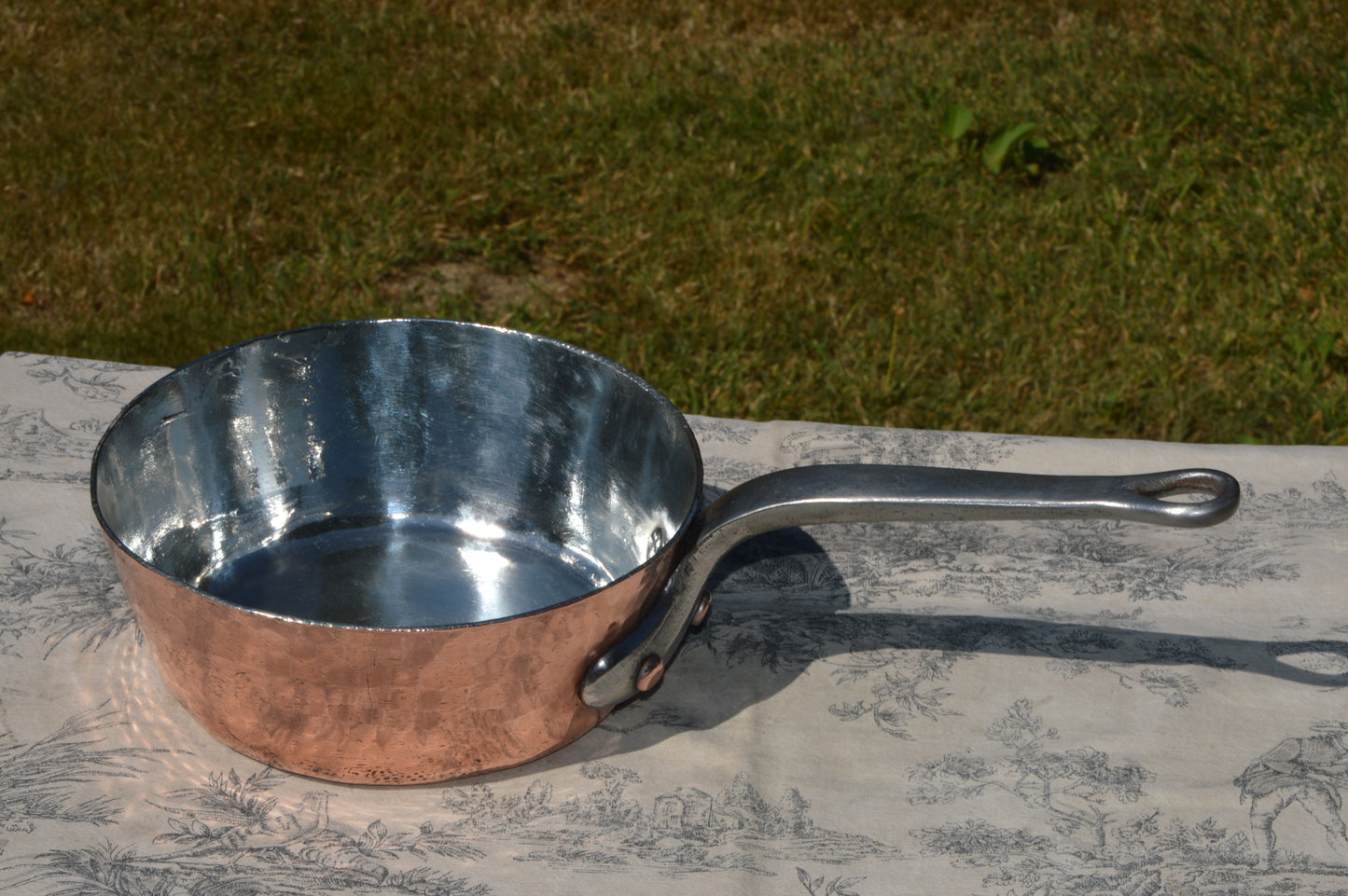 Antique French Copper 2.3mm New Tin Lined Professional Windsor Splayed Sauce Pan Sauteuse Evasee 20cm Forged Iron Handle Showing Age.