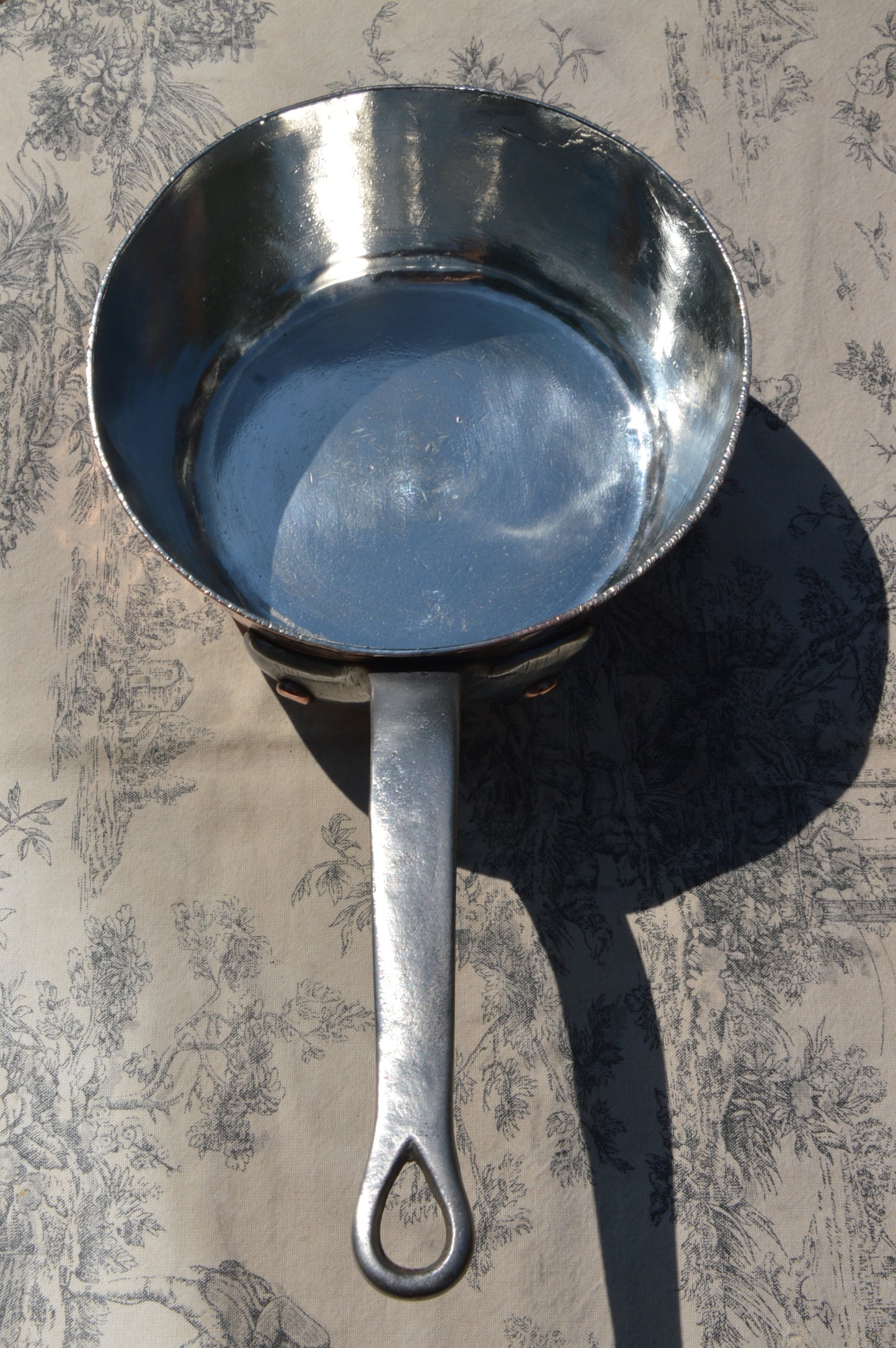 Antique French Copper 2.3mm New Tin Lined Professional Windsor Splayed Sauce Pan Sauteuse Evasee 20cm Forged Iron Handle Showing Age.