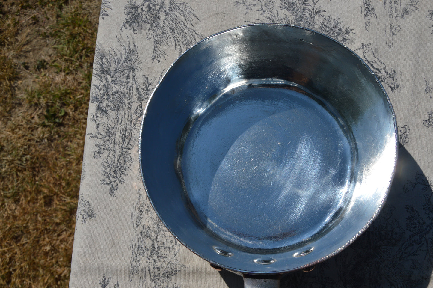 Antique French Copper 2.3mm New Tin Lined Professional Windsor Splayed Sauce Pan Sauteuse Evasee 20cm Forged Iron Handle Showing Age.