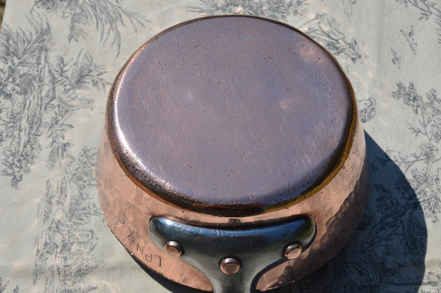 Antique French Copper 2.3mm New Tin Lined Professional Windsor Splayed Sauce Pan Sauteuse Evasee 20cm Forged Iron Handle Showing Age.