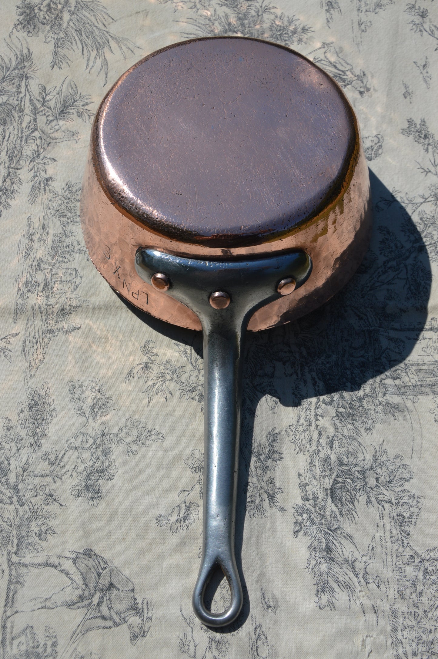 Antique French Copper 2.3mm New Tin Lined Professional Windsor Splayed Sauce Pan Sauteuse Evasee 20cm Forged Iron Handle Showing Age.