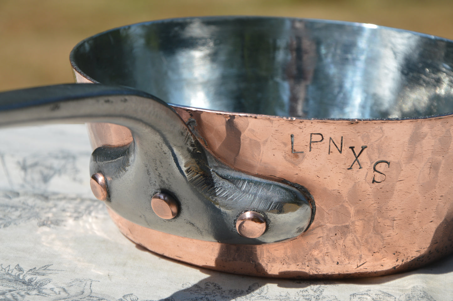 Antique French Copper 2.3mm New Tin Lined Professional Windsor Splayed Sauce Pan Sauteuse Evasee 20cm Forged Iron Handle Showing Age.