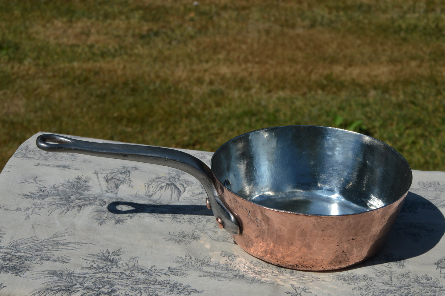 Antique French Copper 2.3mm New Tin Lined Professional Windsor Splayed Sauce Pan Sauteuse Evasee 20cm Forged Iron Handle Showing Age.