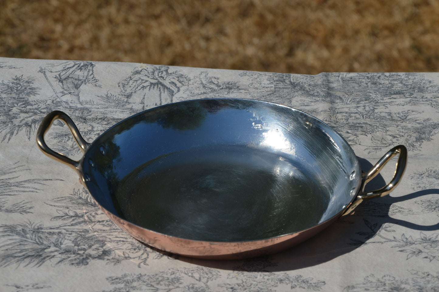 New Tin Gratin Pan French Copper Vintage Dish Round 18cm 7 inch Copper Pan Three Copper Rivets Bronze Handles Made in France