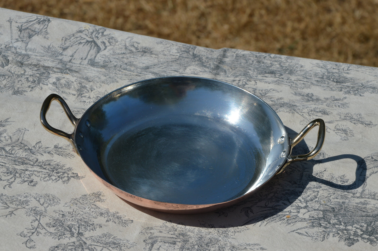 New Tin Gratin Pan French Copper Vintage Dish Round 18cm 7 inch Copper Pan Three Copper Rivets Bronze Handles Made in France