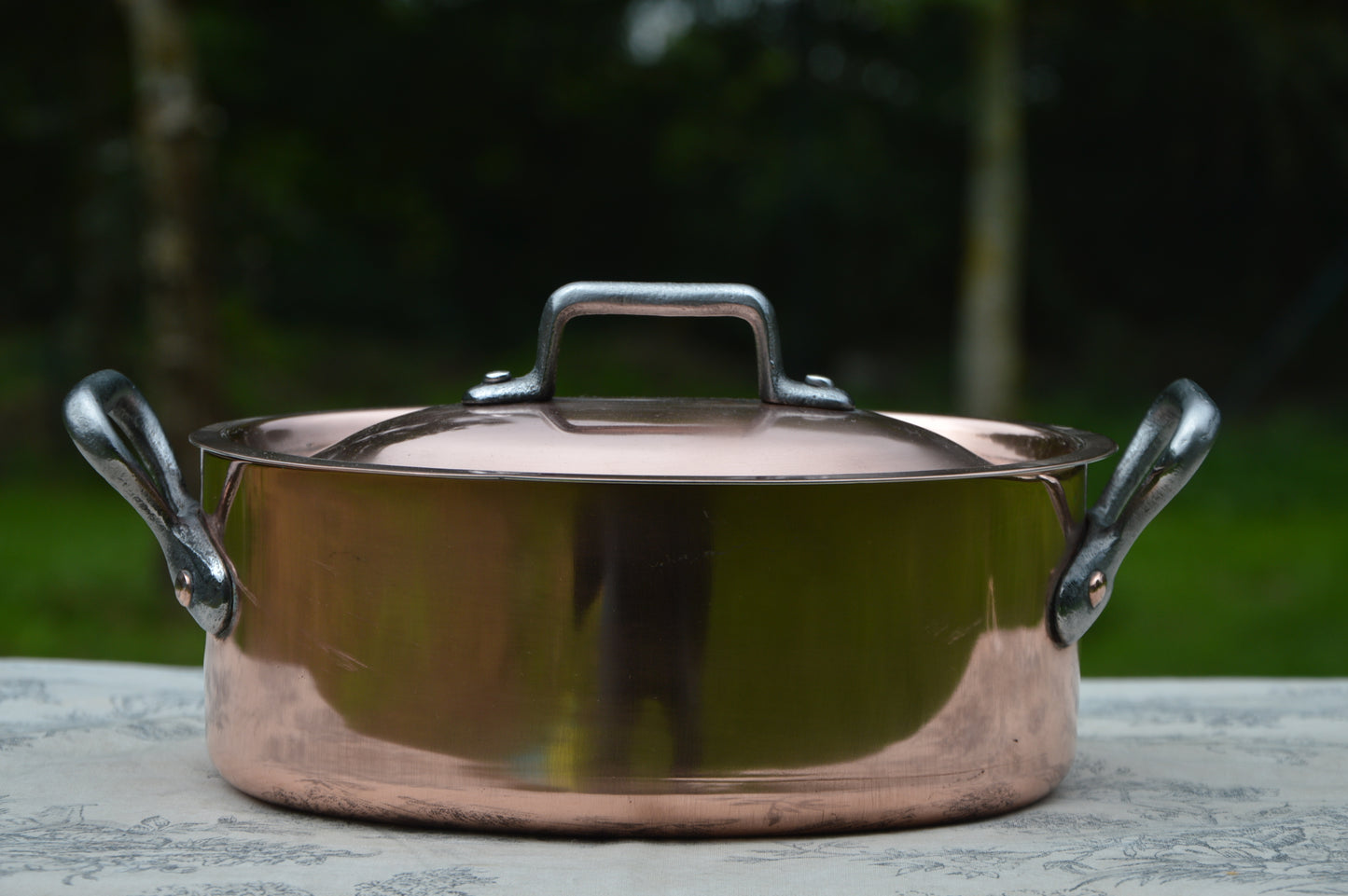 Antique Copper Casserole: French Oval Pot with Cast Iron Handles