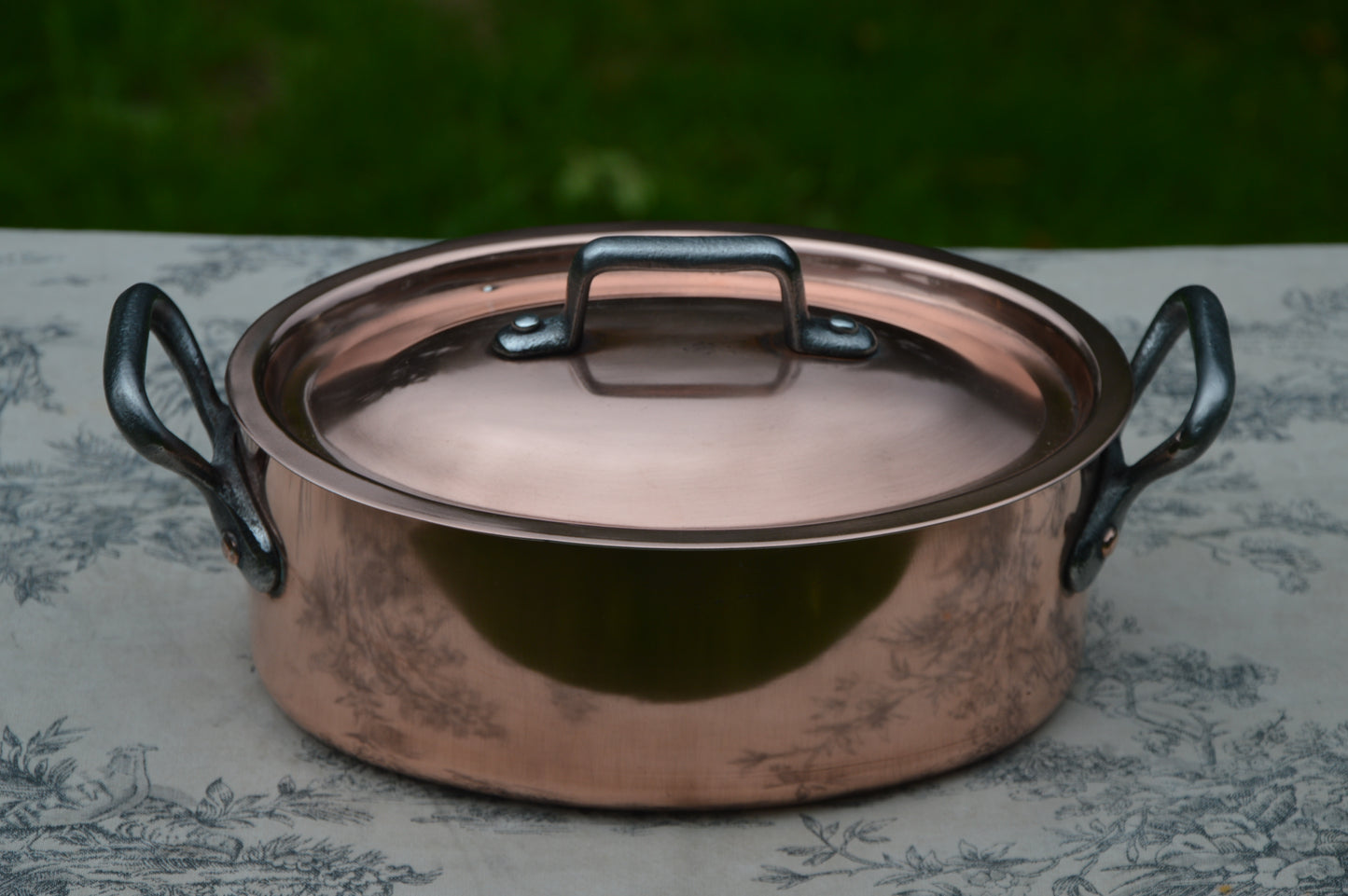 Antique Copper Casserole: French Oval Pot with Cast Iron Handles