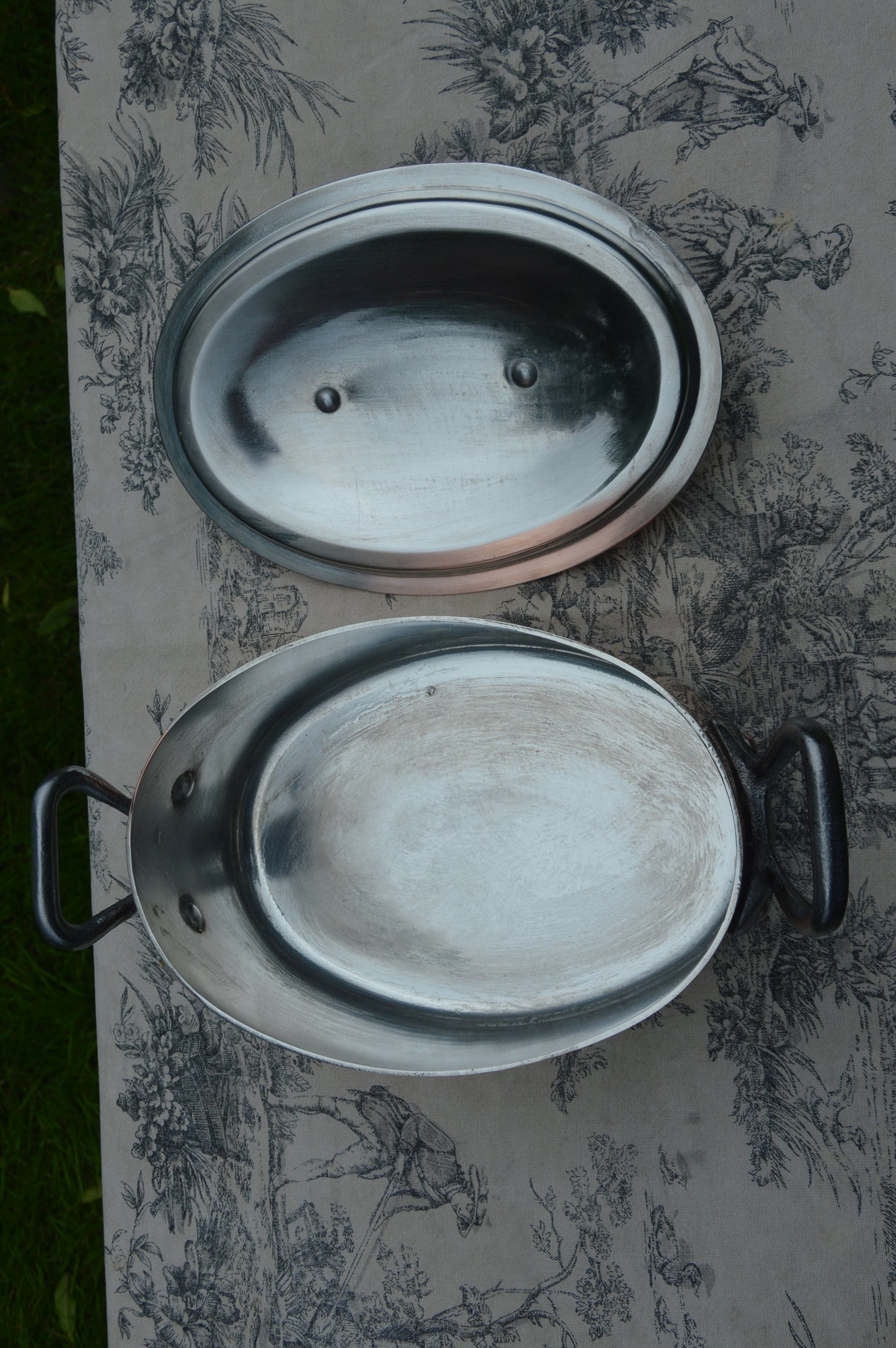 Antique Copper Casserole: French Oval Pot with Cast Iron Handles
