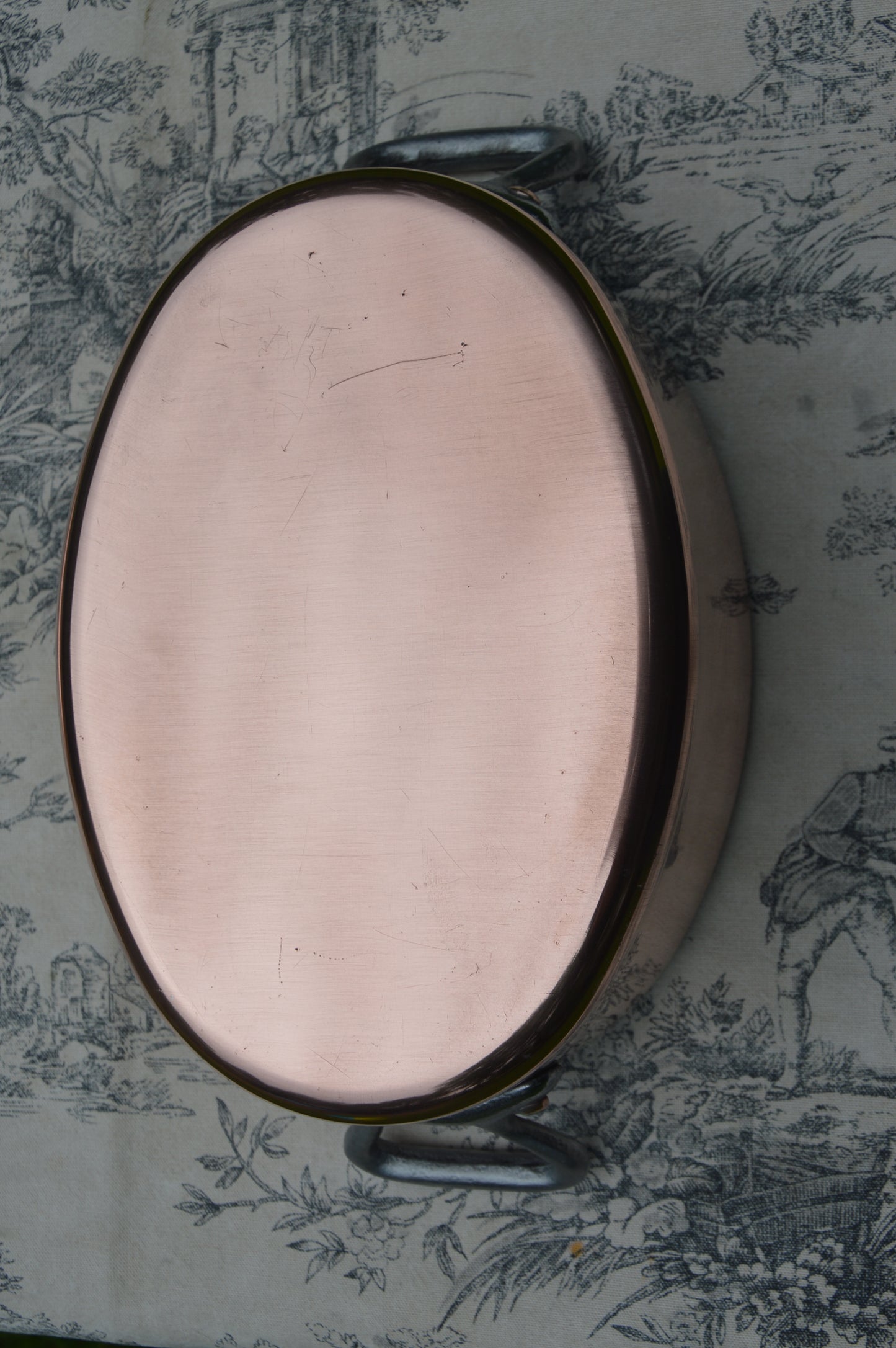 Antique Copper Casserole: French Oval Pot with Cast Iron Handles