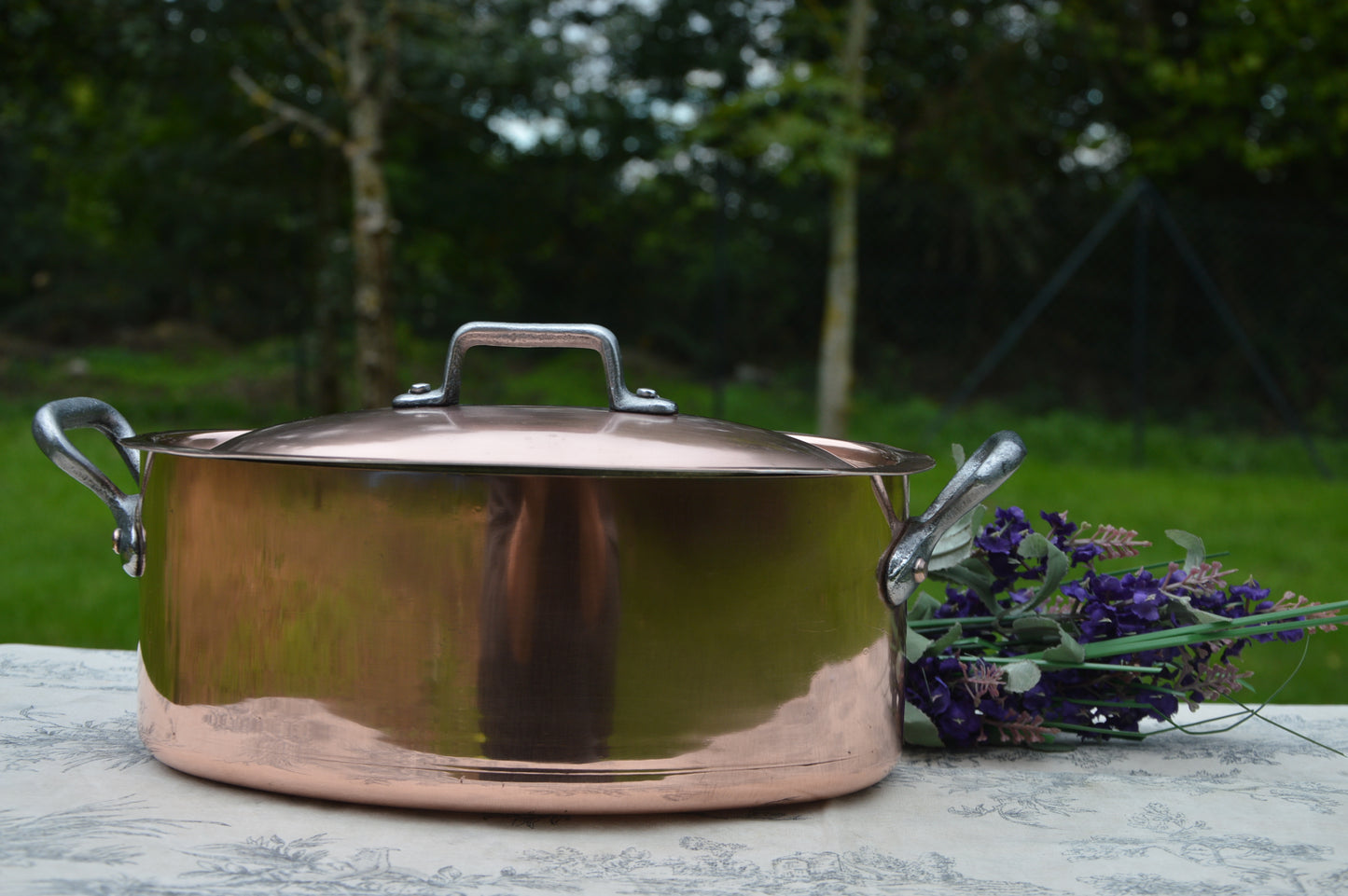 Antique Copper Casserole: French Oval Pot with Cast Iron Handles 24cm
