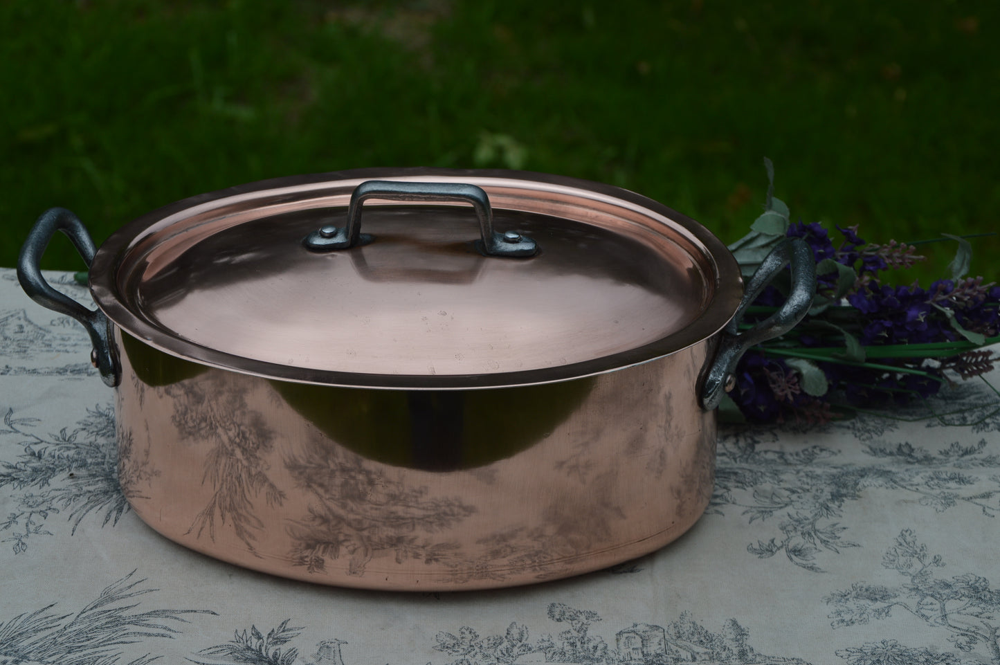 Antique Copper Casserole: French Oval Pot with Cast Iron Handles 24cm