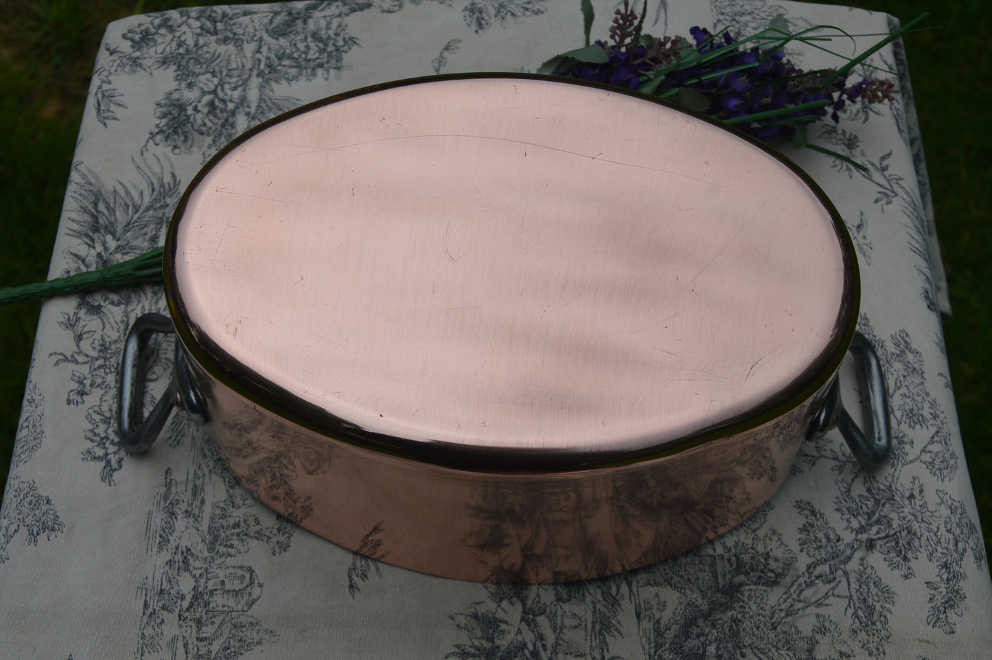 Antique Copper Casserole: French Oval Pot with Cast Iron Handles 24cm