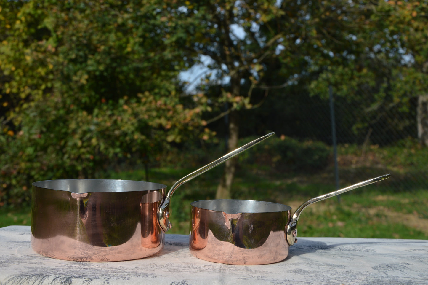 Two Copper Saucepans With Pouring Lips New Hand Wiped Tin 12cm and 16cm Bronze Handles Copper Rivets Superb Chef Pair