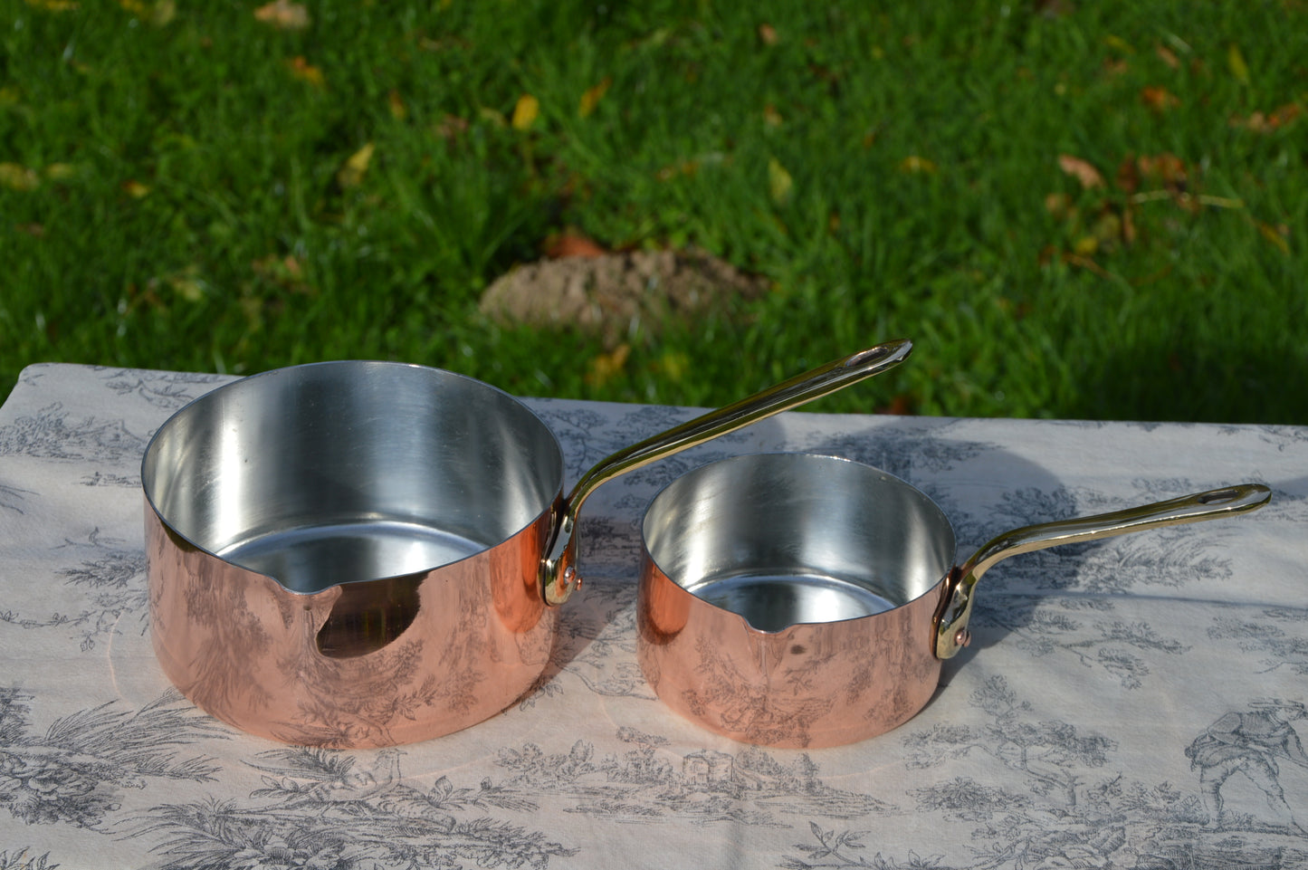 Two Copper Saucepans With Pouring Lips New Hand Wiped Tin 12cm and 16cm Bronze Handles Copper Rivets Superb Chef Pair