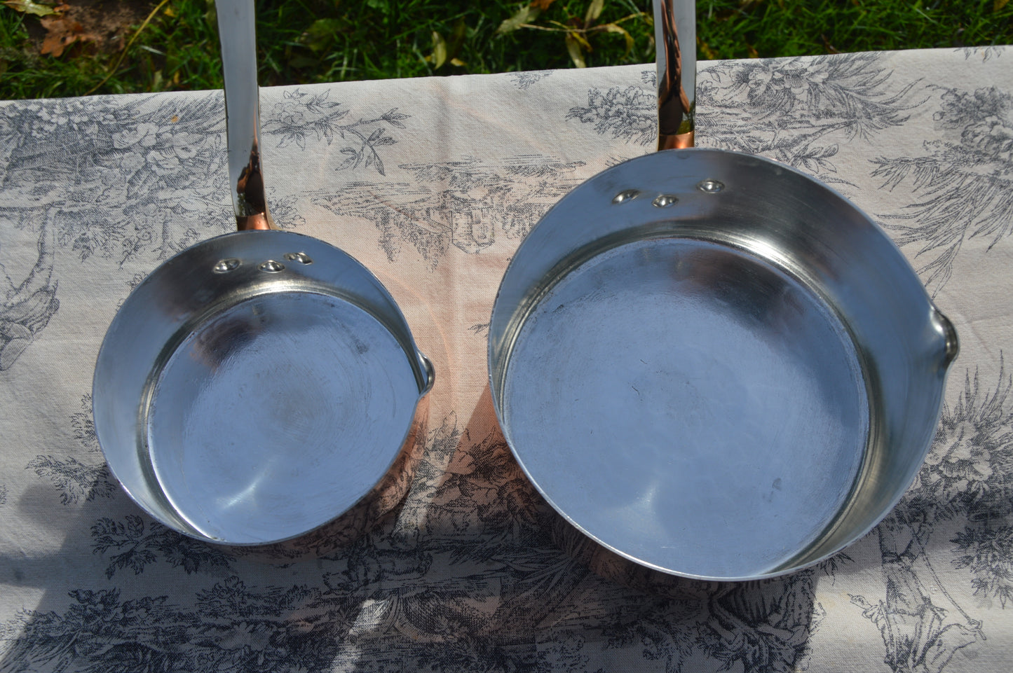 Two Copper Saucepans With Pouring Lips New Hand Wiped Tin 12cm and 16cm Bronze Handles Copper Rivets Superb Chef Pair