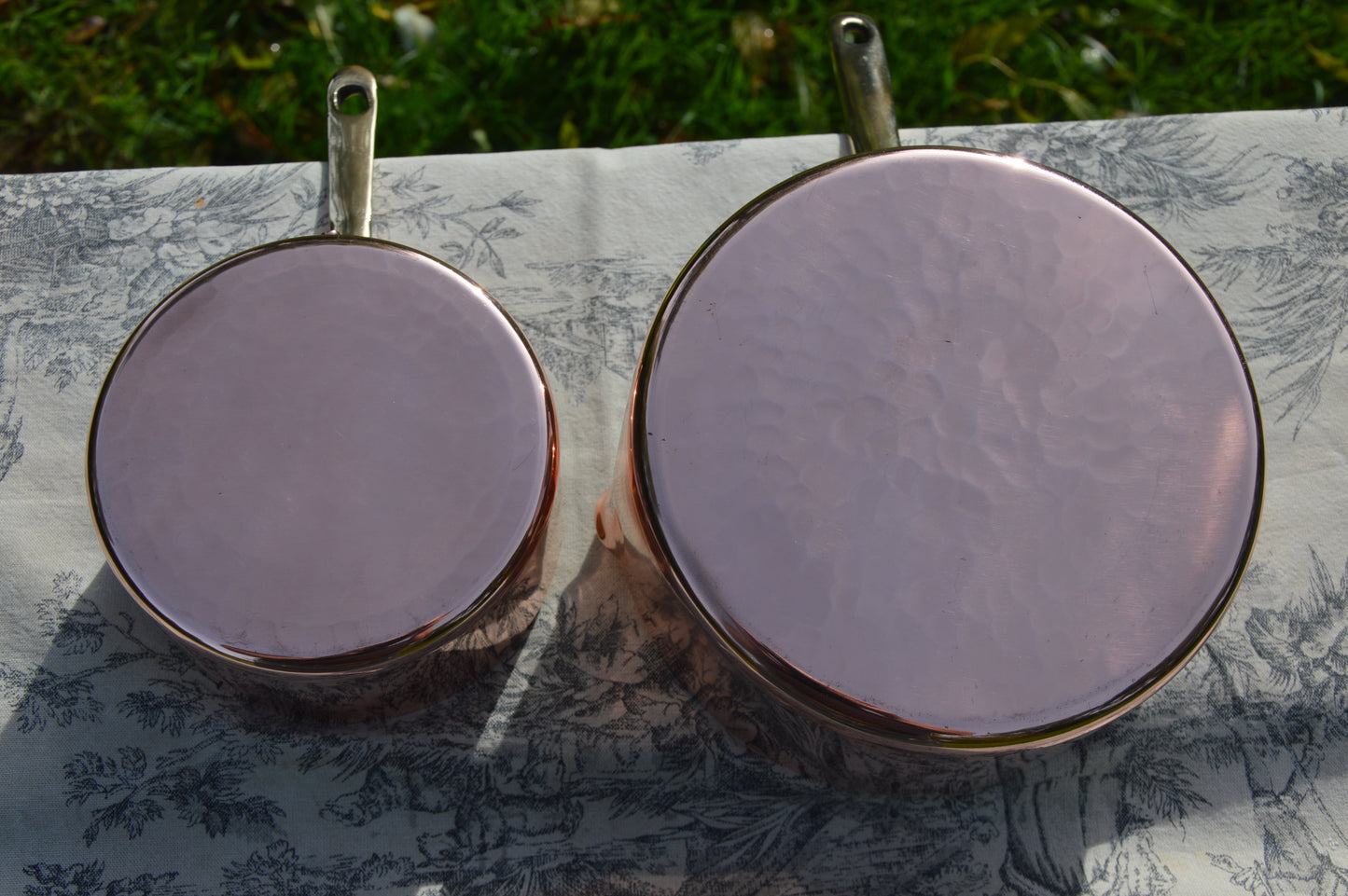 Two Copper Saucepans With Pouring Lips New Hand Wiped Tin 12cm and 16cm Bronze Handles Copper Rivets Superb Chef Pair