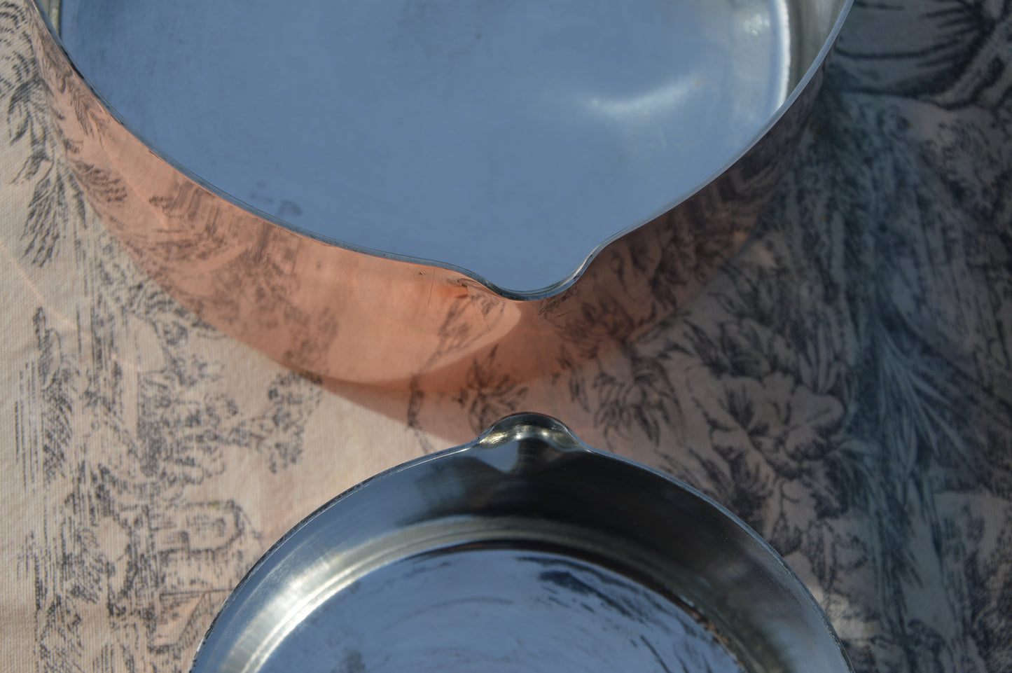 Two Copper Saucepans With Pouring Lips New Hand Wiped Tin 12cm and 16cm Bronze Handles Copper Rivets Superb Chef Pair